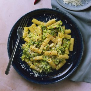 A plate of rigatoni pasta with courgette sauce