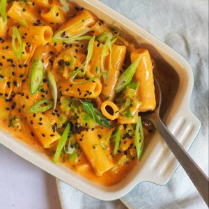 A dish with rigatoni in a cheese sauce topped with sliced spring onion